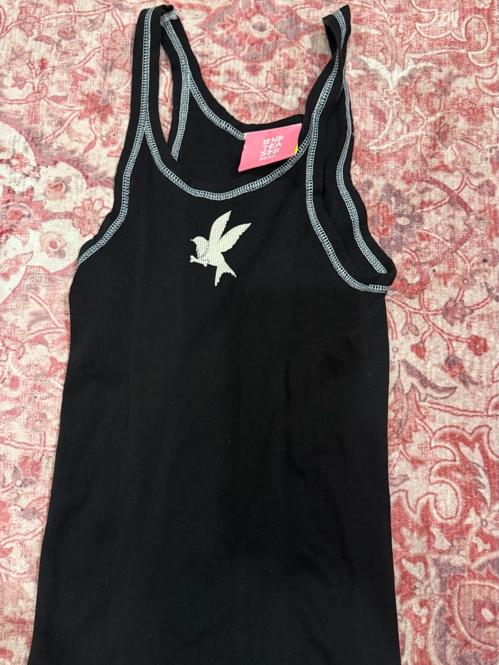 One Teaspoon Black Ribbed Tank with White Bird